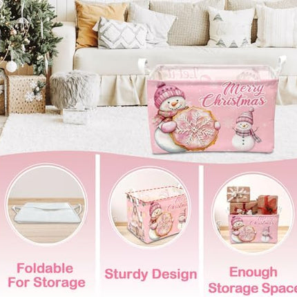 Merry Christmas Pink Storage Basket – Foldable Snowman Box for Bedroom