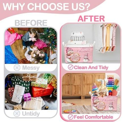 Merry Christmas Pink Storage Basket – Foldable Snowman Box for Bedroom