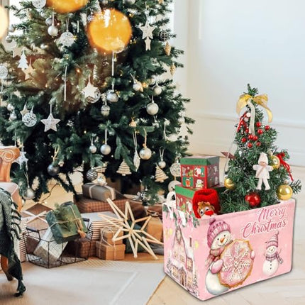 Merry Christmas Pink Storage Basket – Foldable Snowman Box for Bedroom