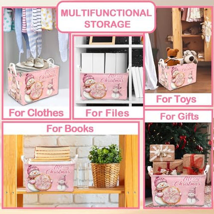 Merry Christmas Pink Storage Basket – Foldable Snowman Box for Bedroom