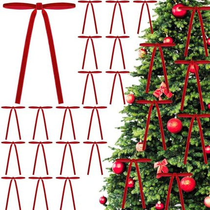 DIYDEC 24pcs Christmas Velvet Bow Ornaments – 5x7" Red Ribbon Bows for Décor