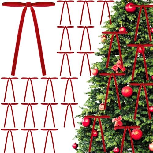 DIYDEC 24pcs Christmas Velvet Bow Ornaments – 5x7" Red Ribbon Bows for Décor