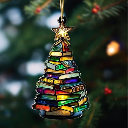 Faux Stained Glass Book Ornament 2025 – Acrylic Gift for Bookworms & Book Clubs