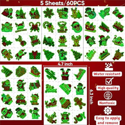 Luminous Xmas Tattoos 60pcs – Glow Temporary Designs for Kids, Teens & Adults