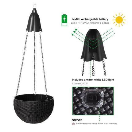 Baimuru 30 Inch Solar Lighted Hanging Plastic Planter Black Outdoor Garden Decor