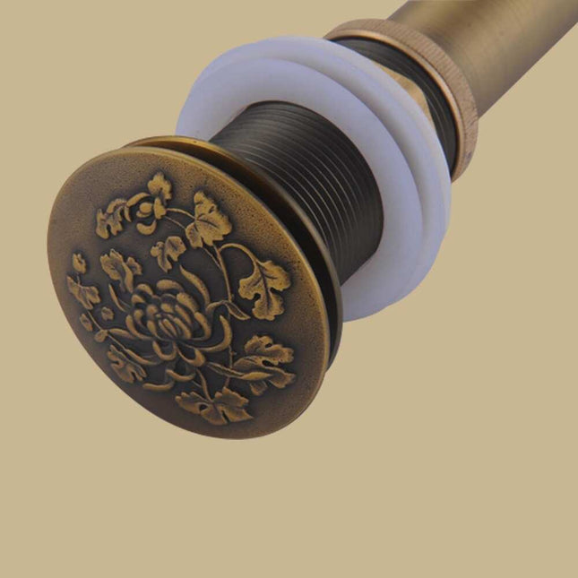 Bathroom Sink Pop-Up Drain, Antique Brass with Decorative Carved Design