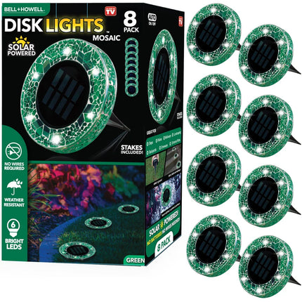 6 LED Round Green Mosaic Solar Disk Lights Auto On Off 8 Pack Set
