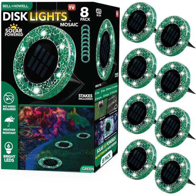 6 LED Round Green Mosaic Solar Disk Lights Auto On Off 8 Pack Set