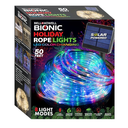 Bionic 50 Ft Color Changing LED Rope Lights USB and Solar Powered Clear