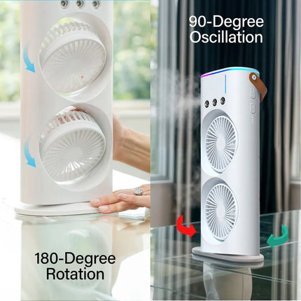 Portable Rechargeable Dual Mist Fan LED Lights Remote Control Cooling Fan