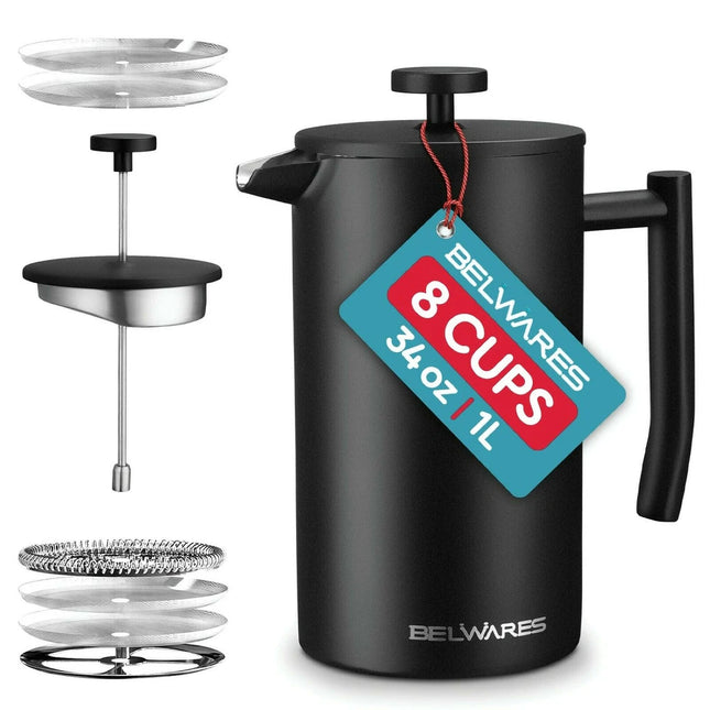 Stainless Steel French Press Coffee Maker – Large 34oz Capacity