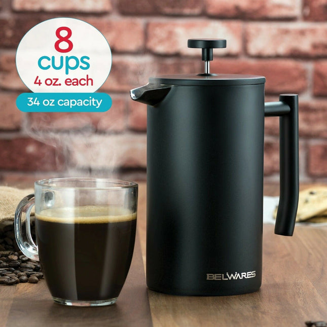Stainless Steel French Press Coffee Maker – Large 34oz Capacity