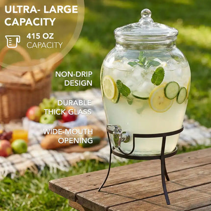 Beverage Dispenser with Metal Rack 18.5x11.5x11.5 Inch Drink Server