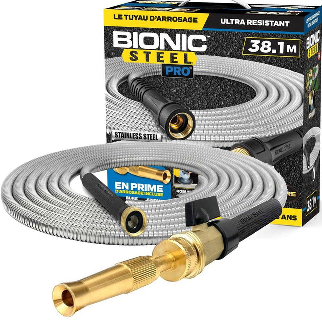 125 ft Steel Pro Stainless Steel Garden Hose 304 Metal with Brass Spray Nozzle
