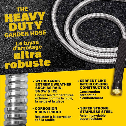 125 ft Steel Pro Stainless Steel Garden Hose 304 Metal with Brass Spray Nozzle