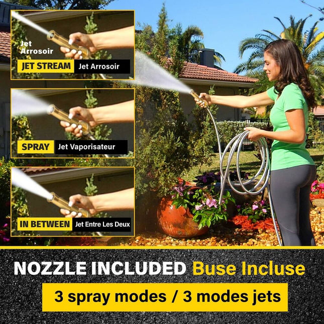 125 ft Steel Pro Stainless Steel Garden Hose 304 Metal with Brass Spray Nozzle