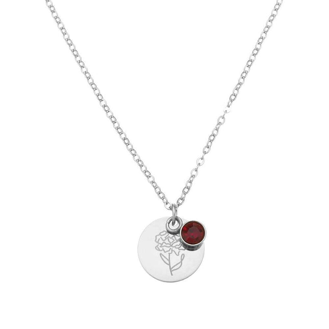 Birth Flower Necklace for Women, Dainty Birthstone Pendant, 1.5cm Stainless Steel