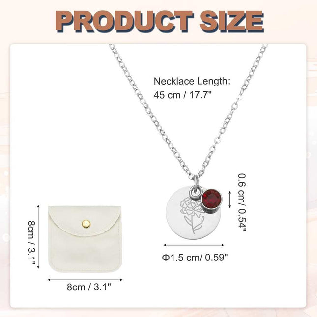 Birth Flower Necklace for Women, Dainty Birthstone Pendant, 1.5cm Stainless Steel