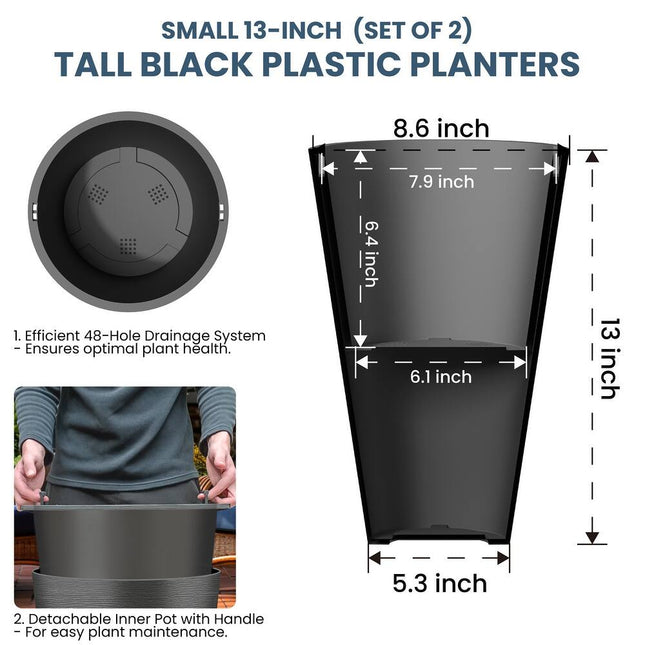 2-Piece Large Black Plastic Plant Pots – Indoor/Outdoor Flower Planters