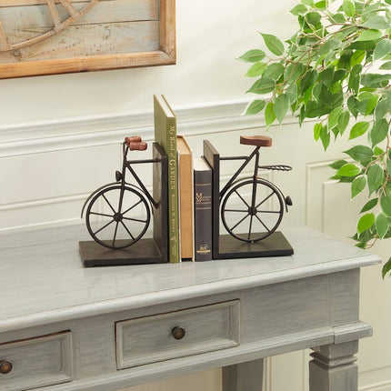 Cycling Themed Metal Bookends with Wood Base Set of 2 Black