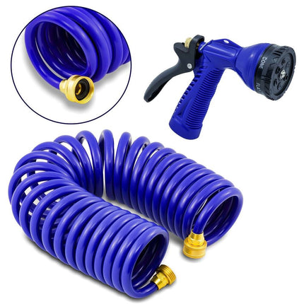 Blue Coiled Hose with Adjustable Nozzle Flexible Garden Water Hose for Outdoor Use