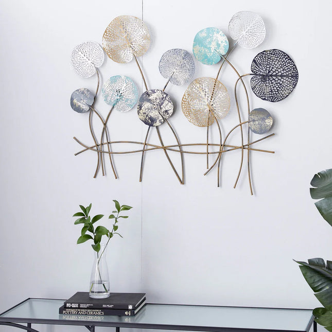 Blue Metal Cutout Floral Wall Decor with Gold Foil Accent Design
