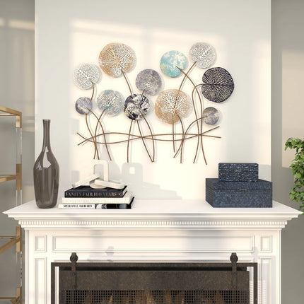 Blue Metal Cutout Floral Wall Decor with Gold Foil Accent Design