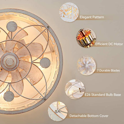16.5-Inch Vintage Caged Ceiling Fan with Light Remote Distressed White Low Profile