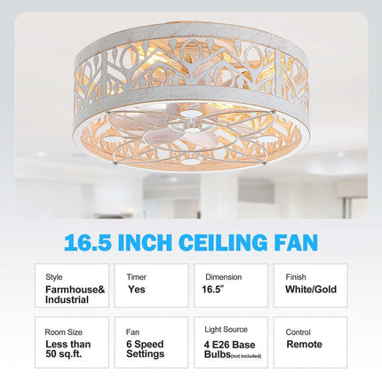 16.5-Inch Vintage Caged Ceiling Fan with Light Remote Distressed White Low Profile