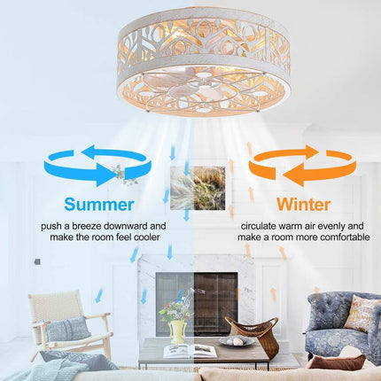 16.5-Inch Vintage Caged Ceiling Fan with Light Remote Distressed White Low Profile