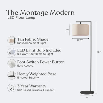 Montage 60" Modern LED Floor Lamp – Super Bright with White Fabric Shade