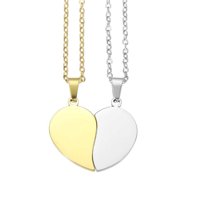 Broken Heart Pendant Couple Necklace, Engravable Matching Jewelry, 1.1" Silver