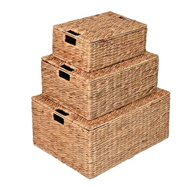 Woven Rectangular Storage Baskets Set of 3 with Lids and Handles Organizer