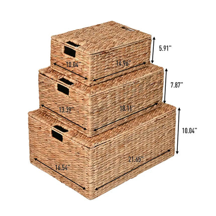 Woven Rectangular Storage Baskets Set of 3 with Lids and Handles Organizer