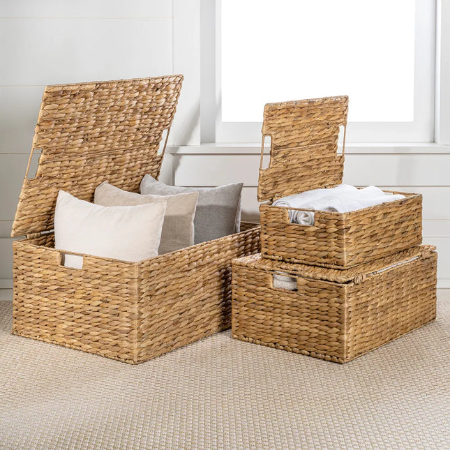 Woven Rectangular Storage Baskets Set of 3 with Lids and Handles Organizer