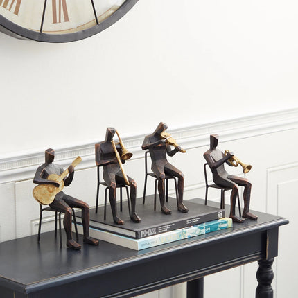 Brown Polystone Musician Decorative Sculptures with Gold Instruments Set of 4