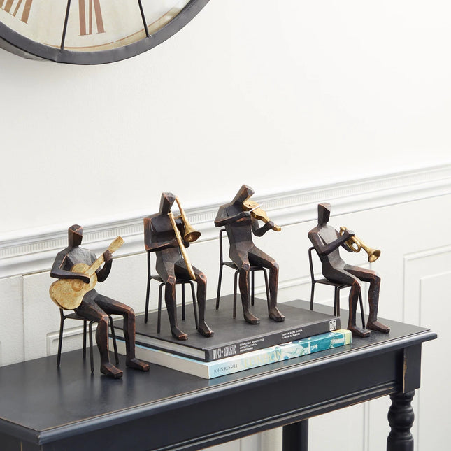 Brown Polystone Musician Decorative Sculptures with Gold Instruments Set of 4
