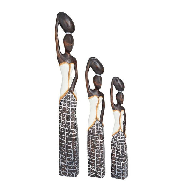 Set of 3 Brown Wood African Woman Sculptures with Decorative Baskets on Heads