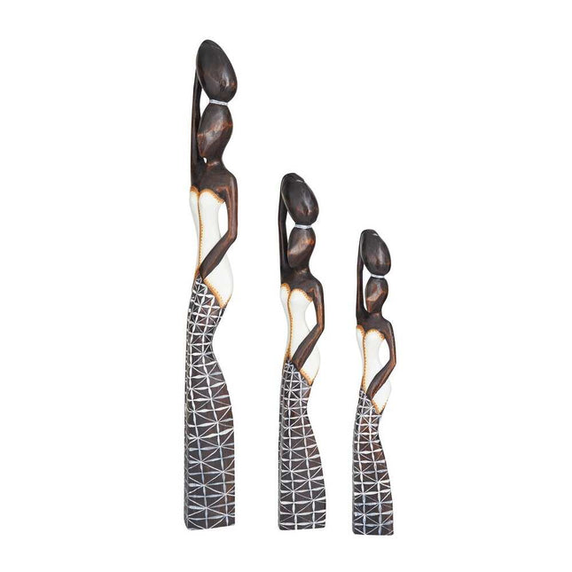Set of 3 Brown Wood African Woman Sculptures with Decorative Baskets on Heads