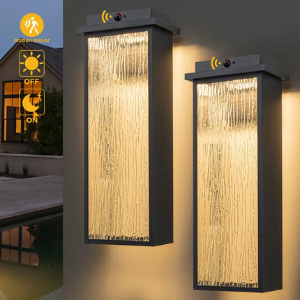 2-Pack Motion Sensor Outdoor Wall Sconce Light with Built-in LED Ripple Glass