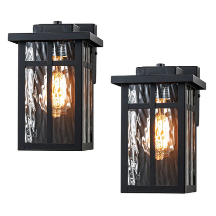 2-Pack Matte Black Outdoor Wall Lantern Sconces with Water Glass