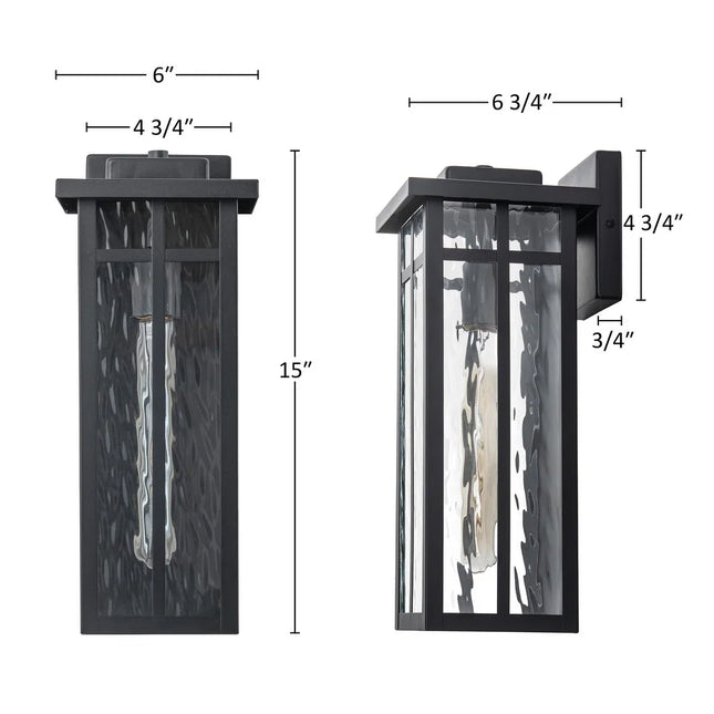 2-Pack Matte Black Outdoor Wall Lantern Sconces with Water Glass
