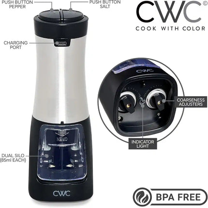Electric 2-in-1 Salt and Pepper Shaker Grinder – Rechargeable Spice Set