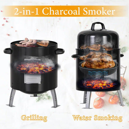 17" 2-in-1 Charcoal Smoker & Grill with Built-in Thermometer Patio BBQ