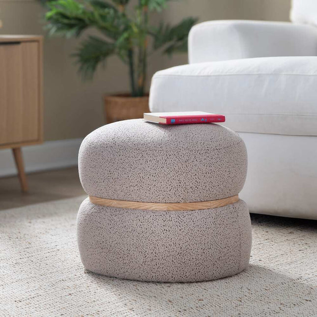 Lena Beige Pouf Ottoman with Natural Wood Accent Modern Upholstered Footrest Seat