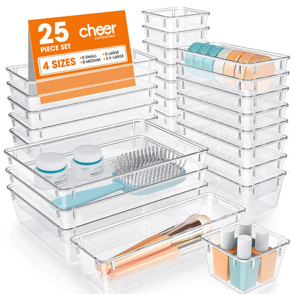 25-Piece Clear Plastic Drawer Organizer Set – Multi-Size Storage
