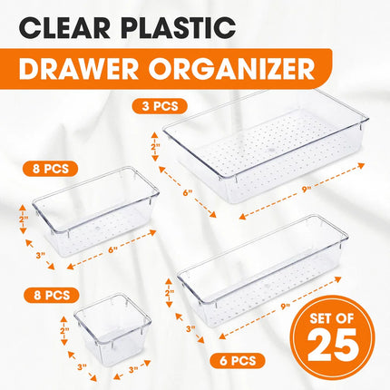 25-Piece Clear Plastic Drawer Organizer Set – Multi-Size Storage