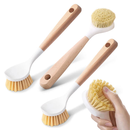 3 Pack Bamboo Dish Brush Set with Scraper Kitchen Cleaning Brushes Set