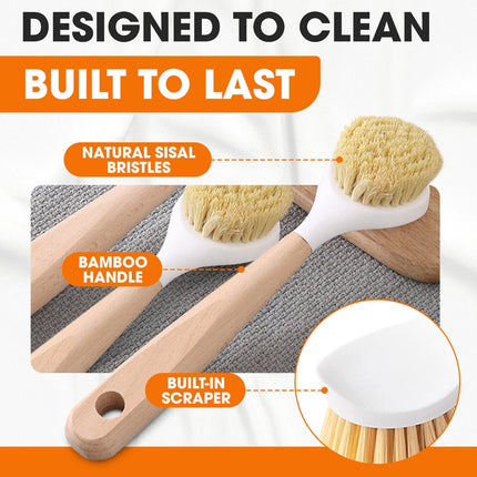 3 Pack Bamboo Dish Brush Set with Scraper Kitchen Cleaning Brushes Set
