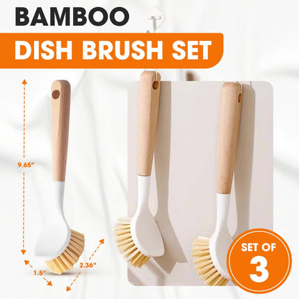 3 Pack Bamboo Dish Brush Set with Scraper Kitchen Cleaning Brushes Set